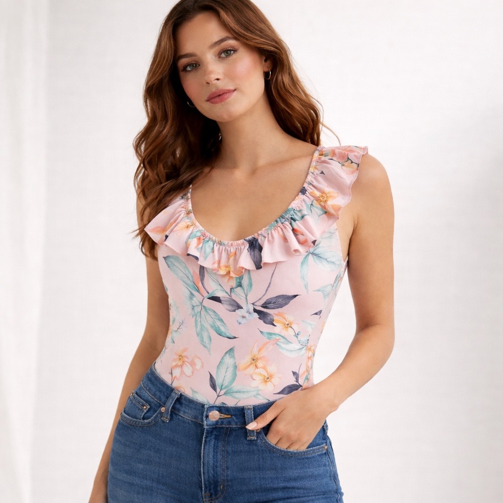 BCBGeneration Floral Ruffle Bodysuit Pink Romantic Resort Chic M